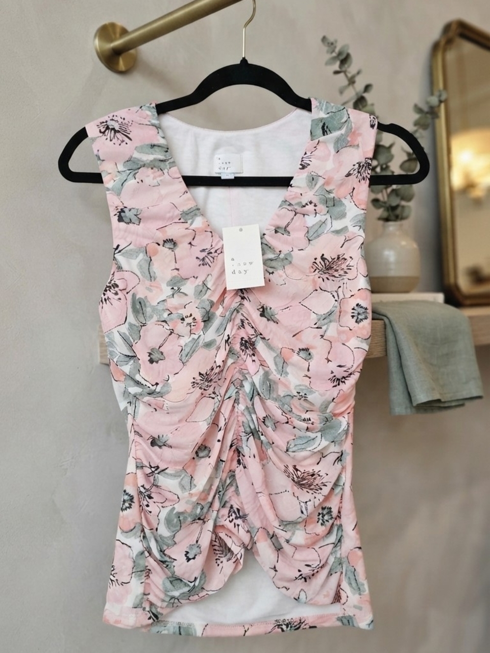 a new day Pink Floral Ruched V-Neck Tank